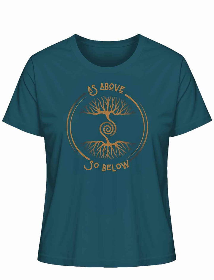 Damen Organic Shirt „Lebenswurzel der Verbundenheit“ in Grau mit Weltenbaum-Print