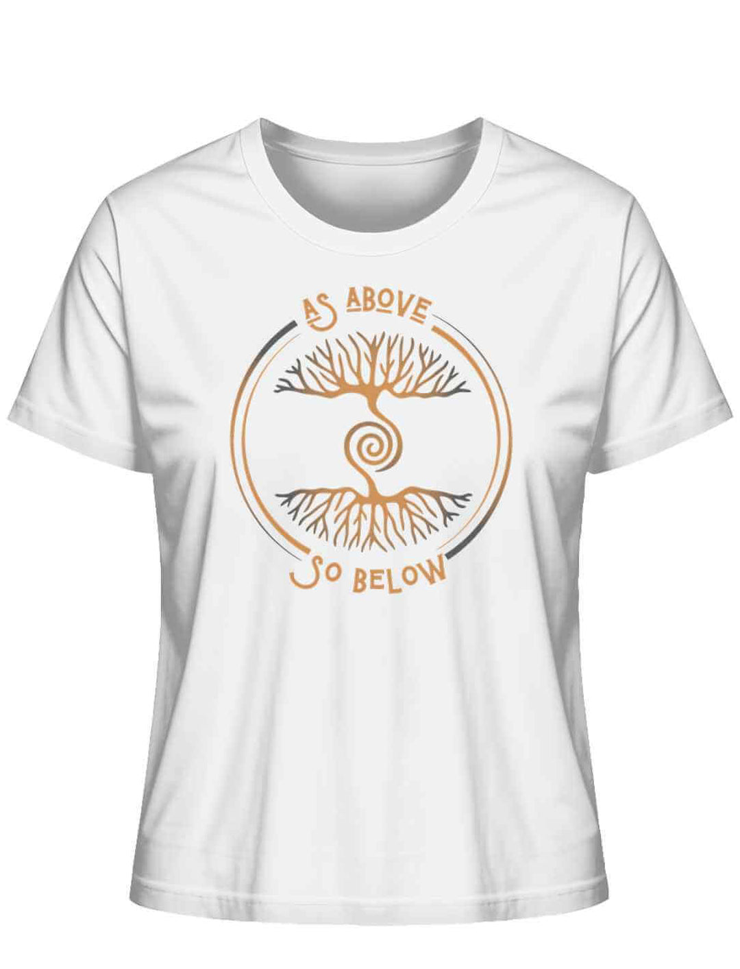 Damen Organic Shirt „Lebenswurzel der Verbundenheit“ in Weiß mit goldfarbenem Design „As Above, So Below“