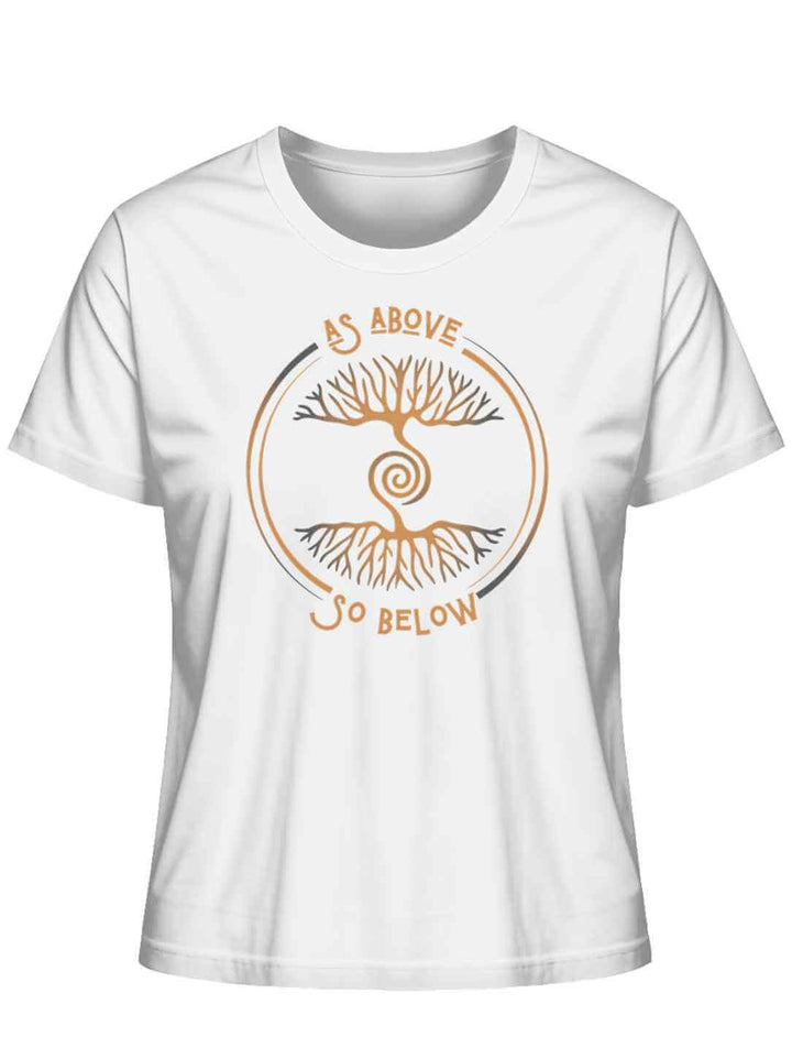 Damen Organic Shirt „Lebenswurzel der Verbundenheit“ in Weiß mit goldfarbenem Design „As Above, So Below“