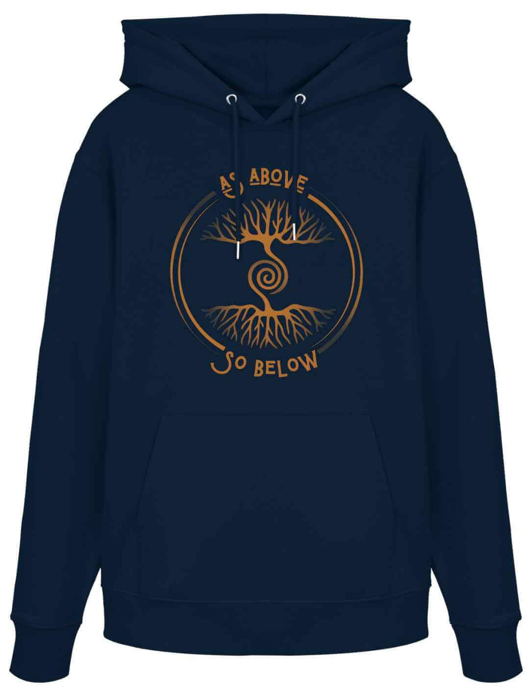 Dunkelblauer Hoodie (French Navy) mit goldfarbenem mystischen Baum-des-Lebens-Design und der Aufschrift ‚As Above So Below