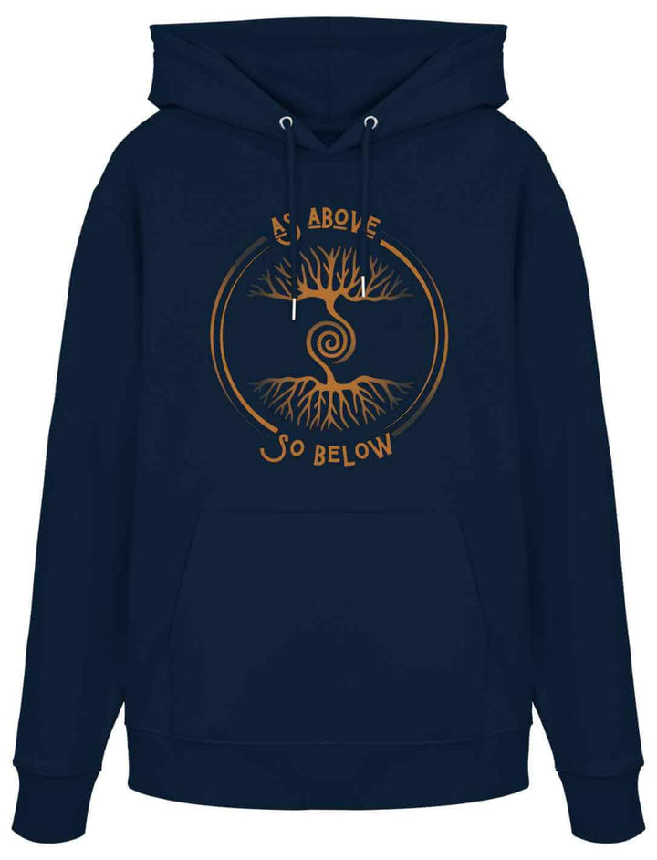 Dunkelblauer Hoodie (French Navy) mit goldfarbenem mystischen Baum-des-Lebens-Design und der Aufschrift ‚As Above So Below