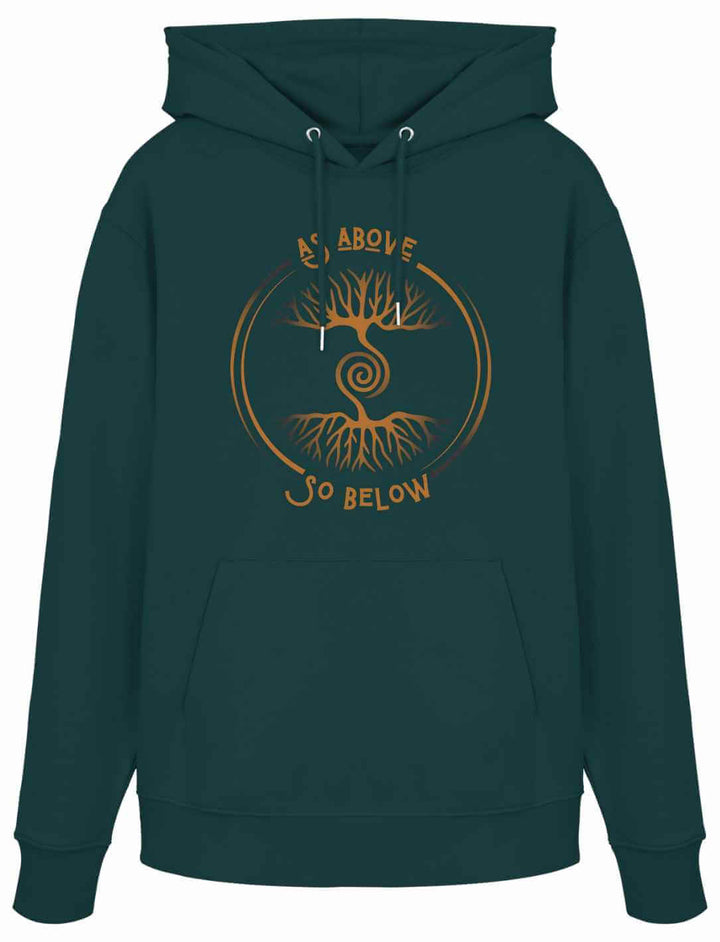 Tannengrüner Hoodie (Glazed Green) mit goldfarbenem mystischen Baum-des-Lebens-Design und der Aufschrift "As Above So Below"