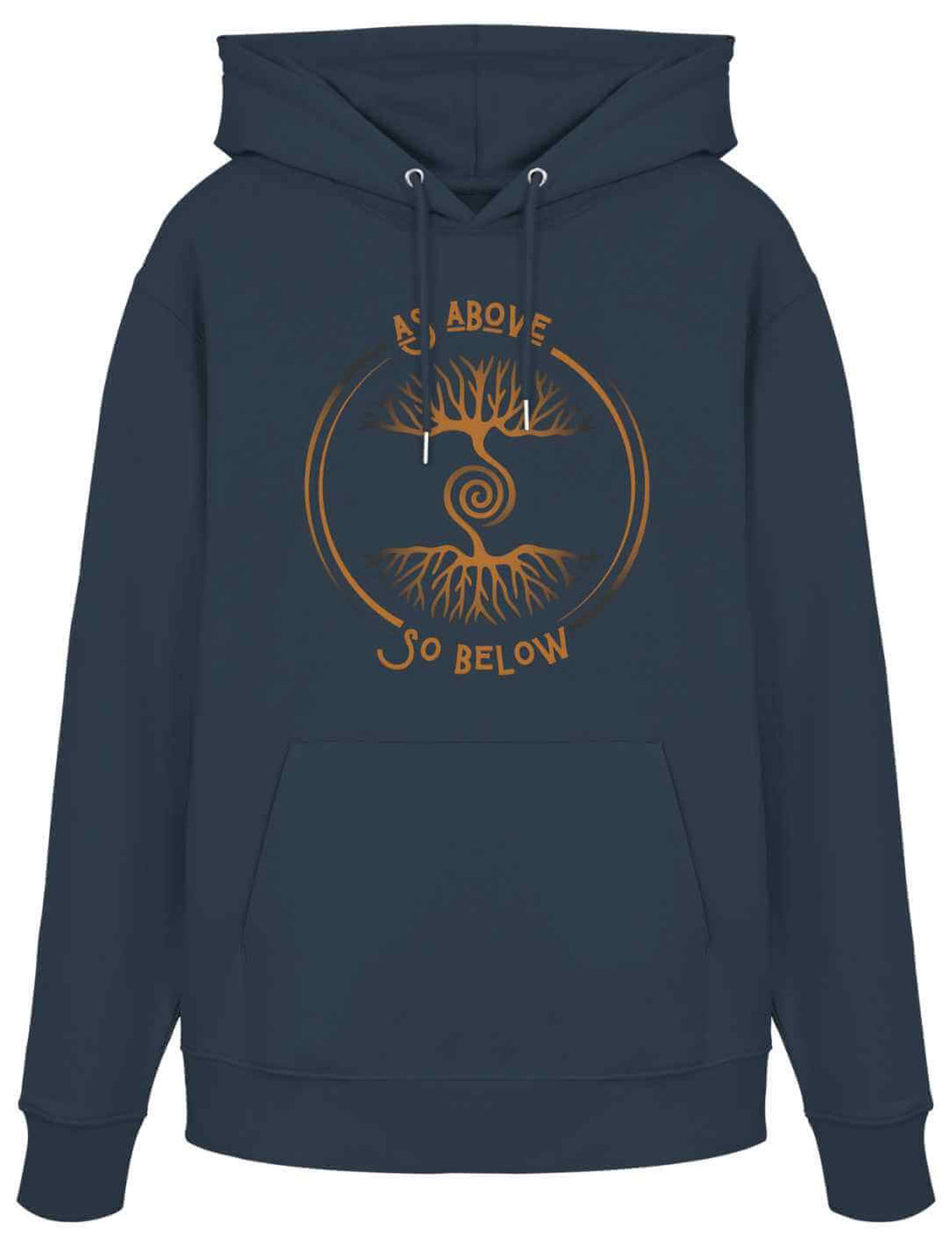 Dunkelgrauer Hoodie (India Ink Grey) mit goldfarbenem mystischen Baum-des-Lebens-Design und der Aufschrift "As Above So Below"