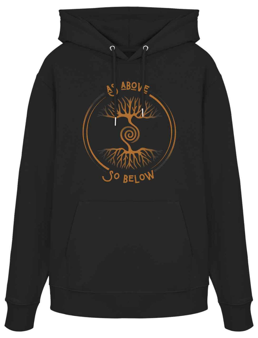 Schwarzer Hoodie mit goldfarbenem mystischen Baum-des-Lebens-Design und der Aufschrift: As Above So Below.