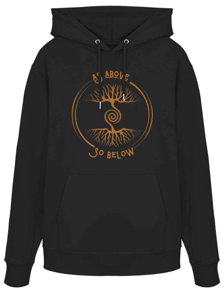 Schwarzer Hoodie mit goldfarbenem mystischen Baum-des-Lebens-Design und der Aufschrift: As Above So Below.