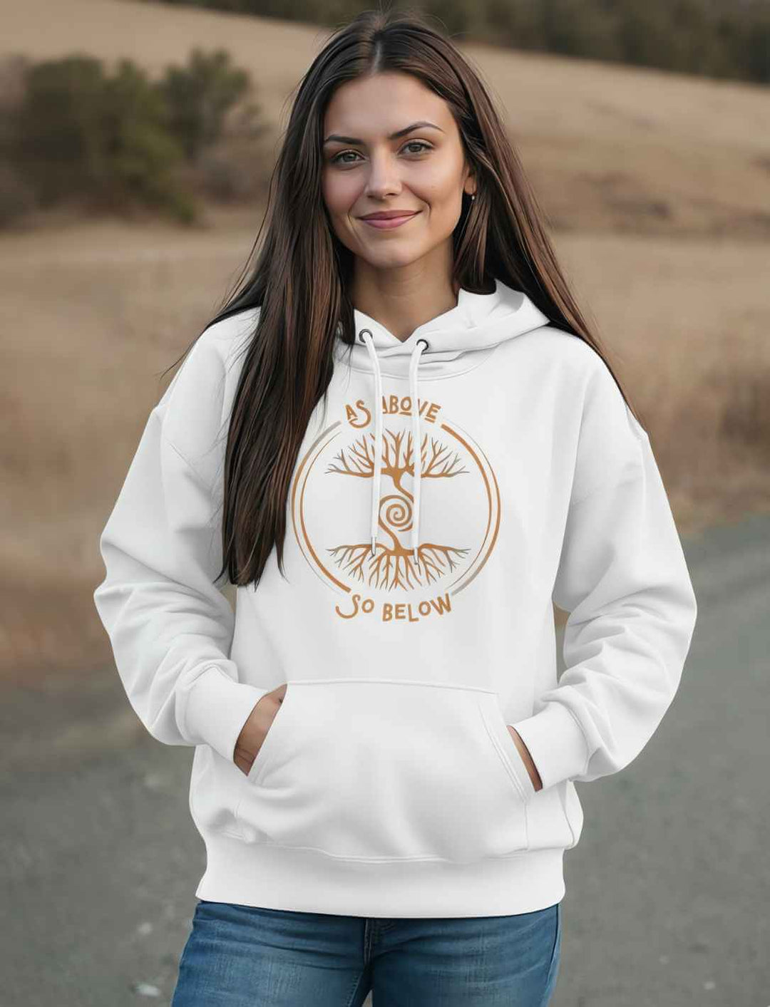 Weißer Hoodie mit goldfarbenem mystischen Baum-des-Lebens-Design und der Aufschrift "As Above So Below" getragen von einem Model im Freien.