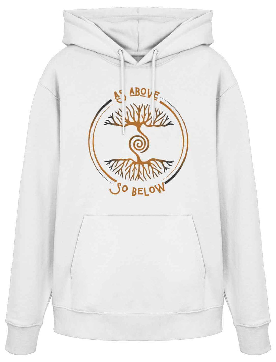 Weißer Hoodie mit goldfarbenem mystischen Baum-des-Lebens-Design und der Aufschrift ‚As Above So Below‘