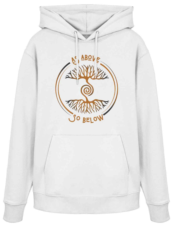 Weißer Hoodie mit goldfarbenem mystischen Baum-des-Lebens-Design und der Aufschrift ‚As Above So Below‘