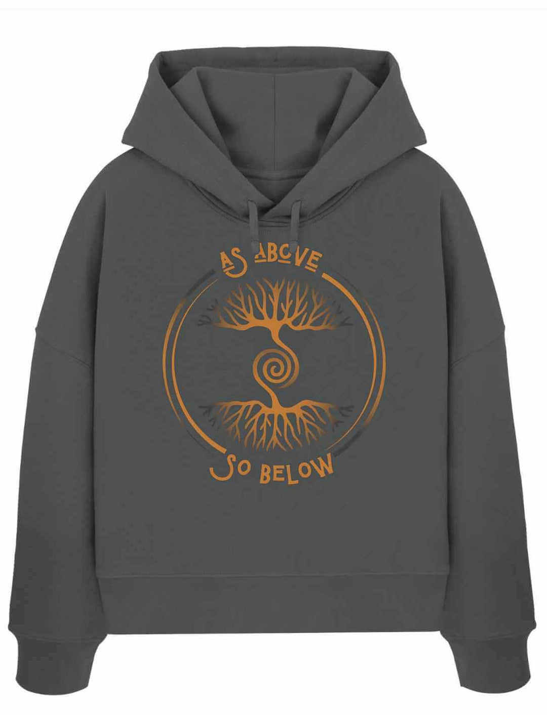 Damen Organic Boxcut Hoodie „Lebenswurzel der Verbundenheit“ in Anthrazit mit Spirale und Weltenbaum-Symbol