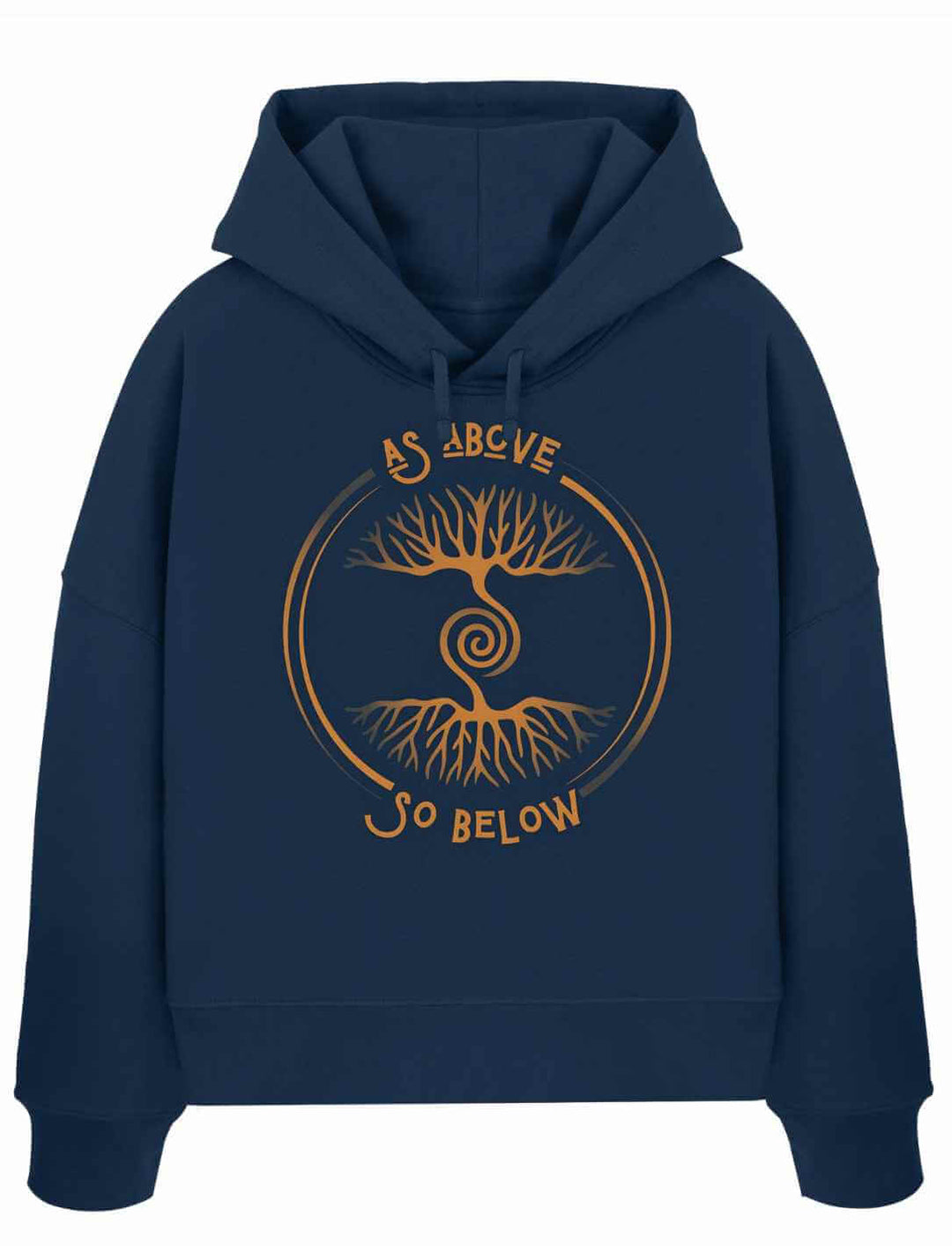 Damen Organic Boxcut Hoodie „Lebenswurzel der Verbundenheit“ in French Navy mit kupferfarbenem Weltenbaum-Design