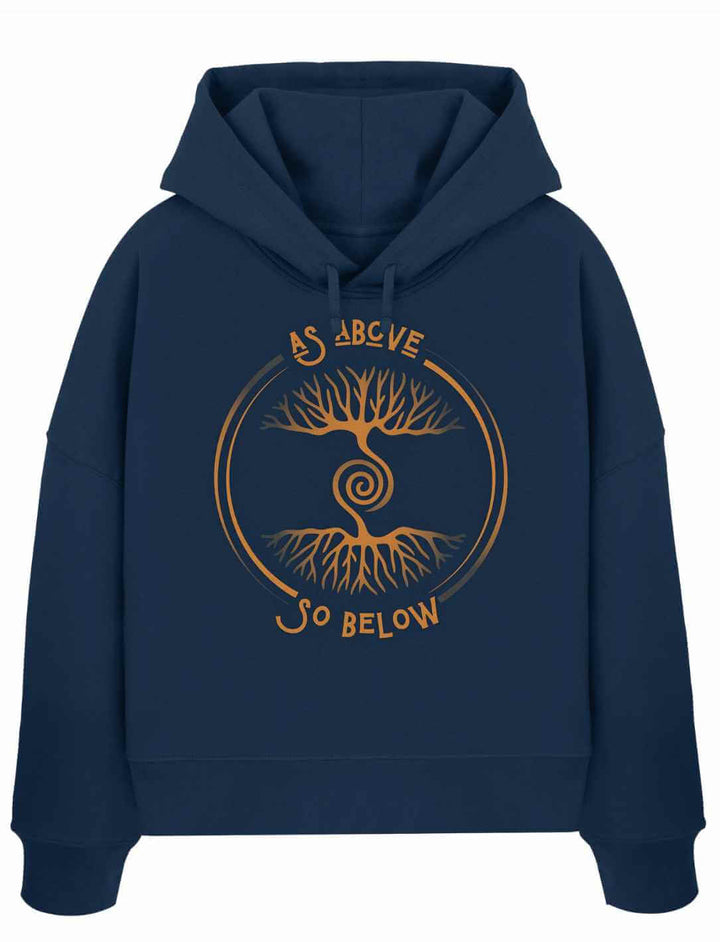 Damen Organic Boxcut Hoodie „Lebenswurzel der Verbundenheit“ in French Navy mit kupferfarbenem Weltenbaum-Design