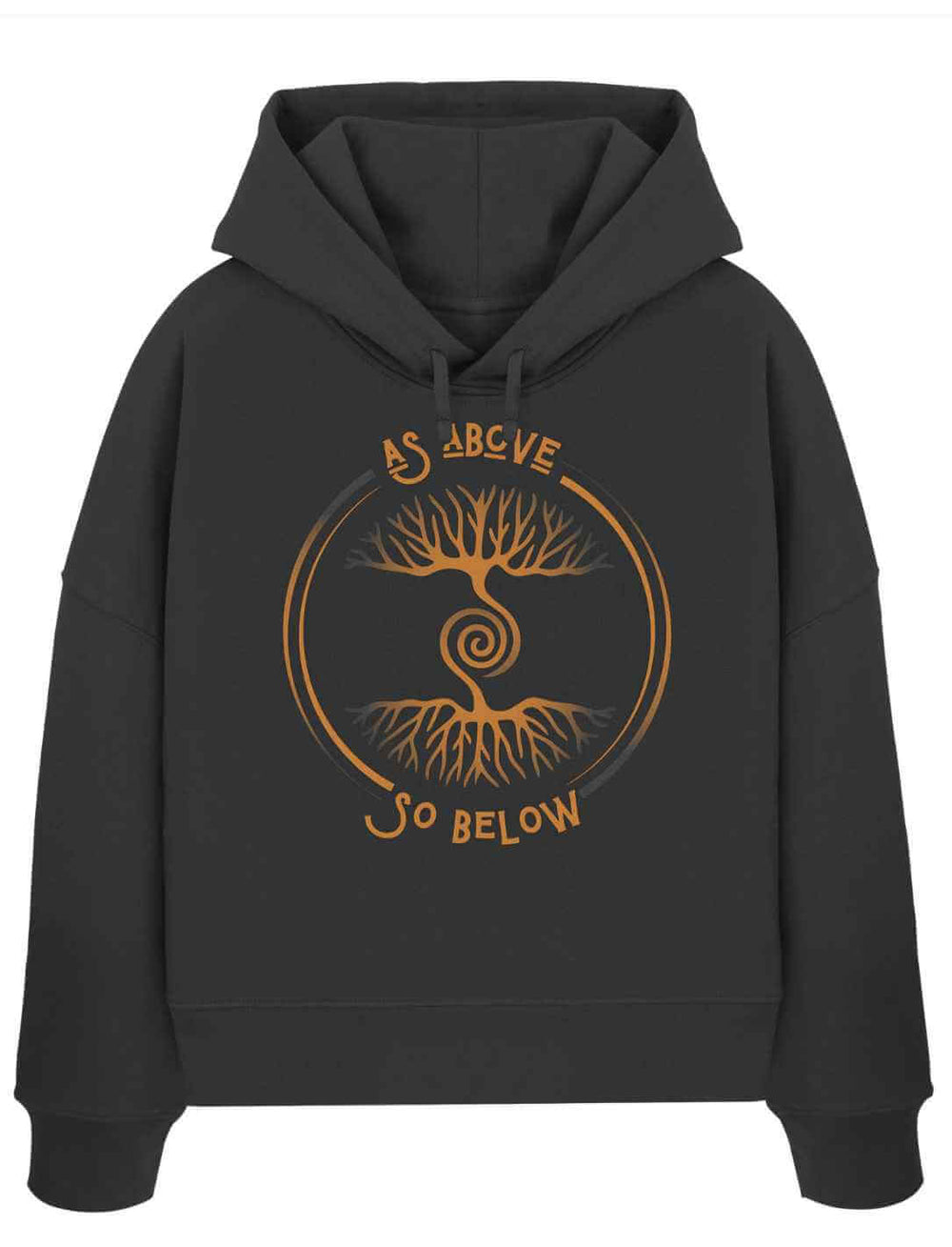 Damen Organic Boxcut Hoodie „Lebenswurzel der Verbundenheit“ in Schwarz mit Symbol „As Above, So Below“