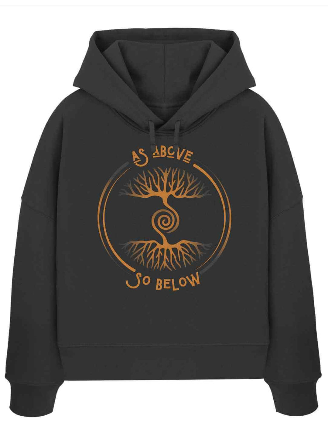 Damen Organic Boxcut Hoodie „Lebenswurzel der Verbundenheit“ in Schwarz mit Symbol „As Above, So Below“