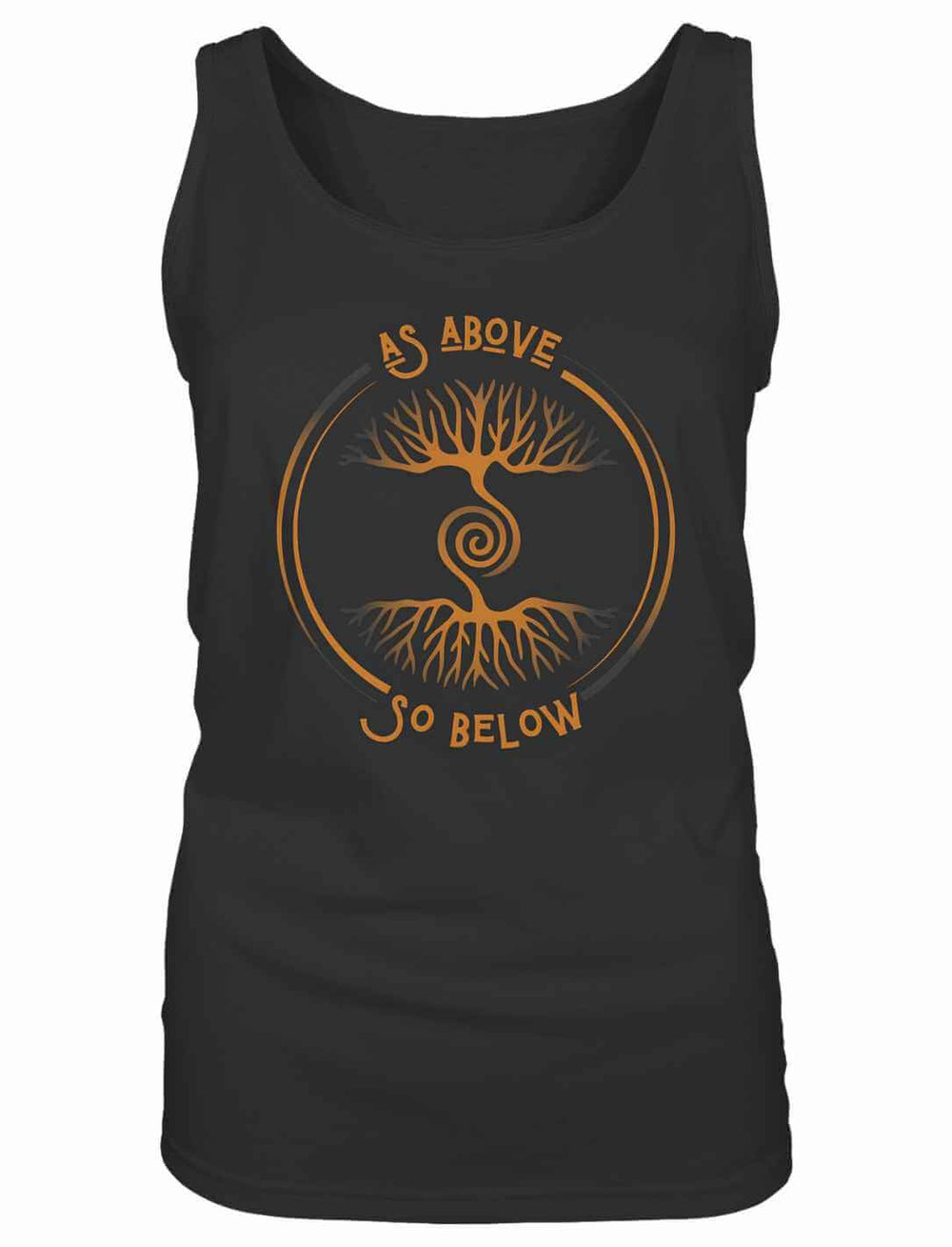 Damen Tank Top „Lebenswurzel der Verbundenheit“ in Schwarz mit Weltenbaum- und Spiralenmotiv