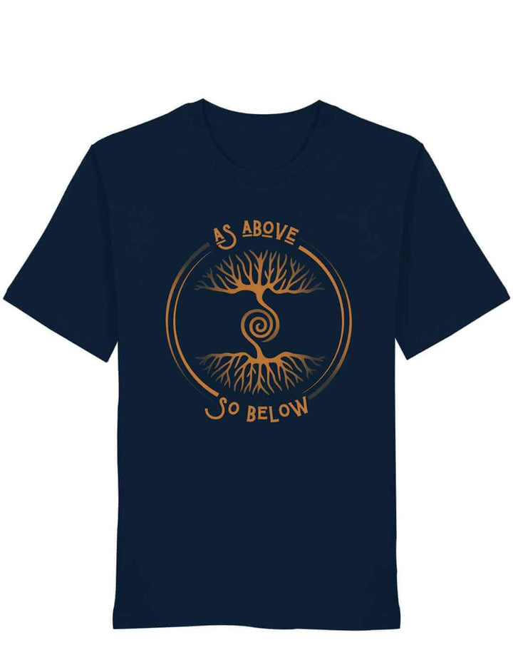 Unisex Organic T-Shirt „Lebenswurzel der Verbundenheit“ in French Navy mit Spirale und Weltenbaum-Symbol