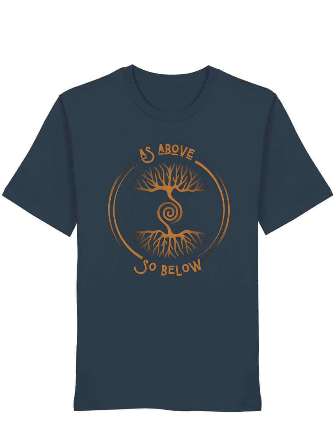 Unisex Organic T-Shirt „Lebenswurzel der Verbundenheit“ in India Ink Grey mit kupferfarbenem Aufdruck
