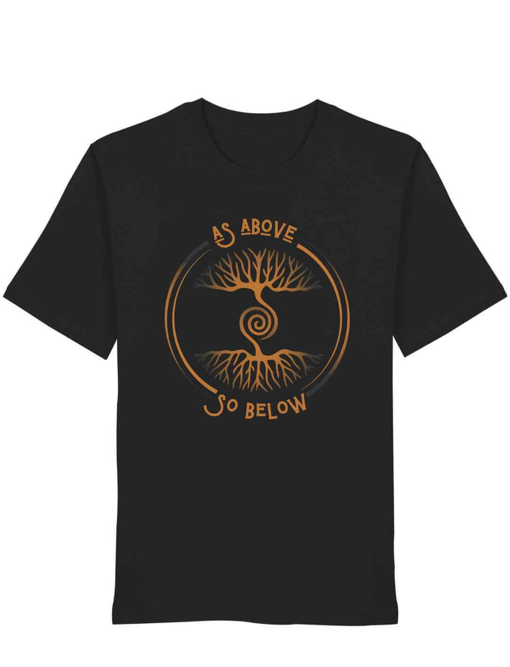 Unisex Organic T-Shirt „Lebenswurzel der Verbundenheit“ in Schwarz mit kupferfarbenem Symbol „As Above, So Below“
