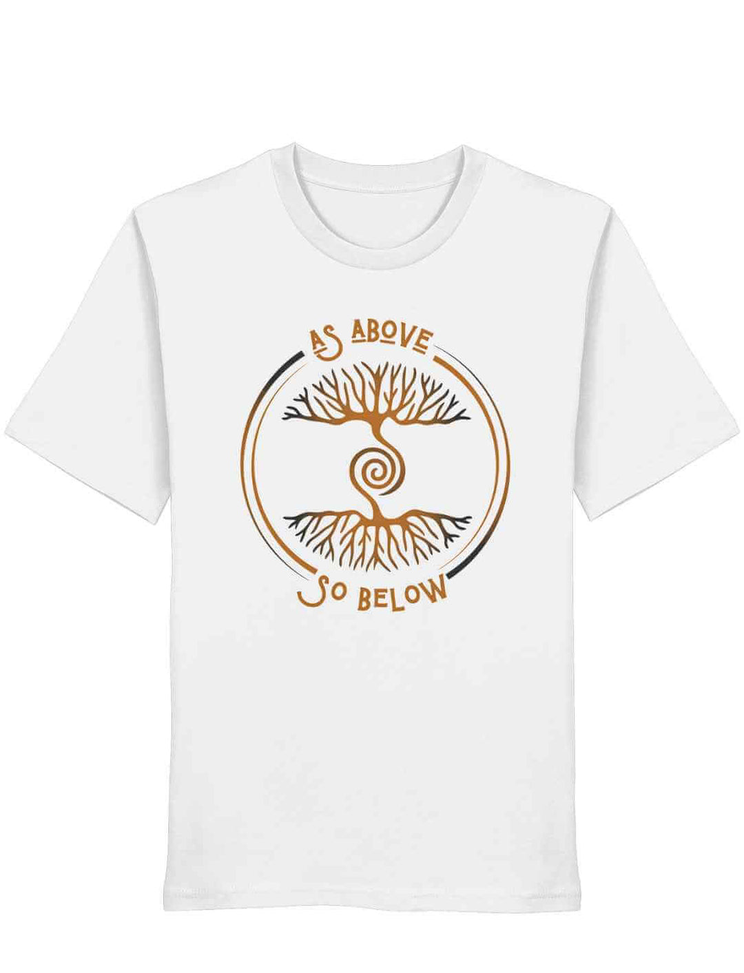 Unisex Organic T-Shirt „Lebenswurzel der Verbundenheit“ in Weiß mit goldfarbenem Weltenbaum-Design