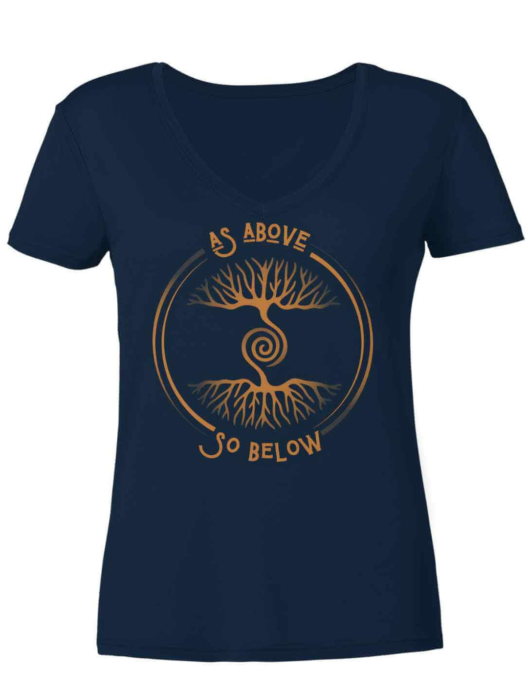 Damen V-Neck Shirt „Lebenswurzel der Verbundenheit“ in Navy-Blau mit Weltenbaum und Spirale