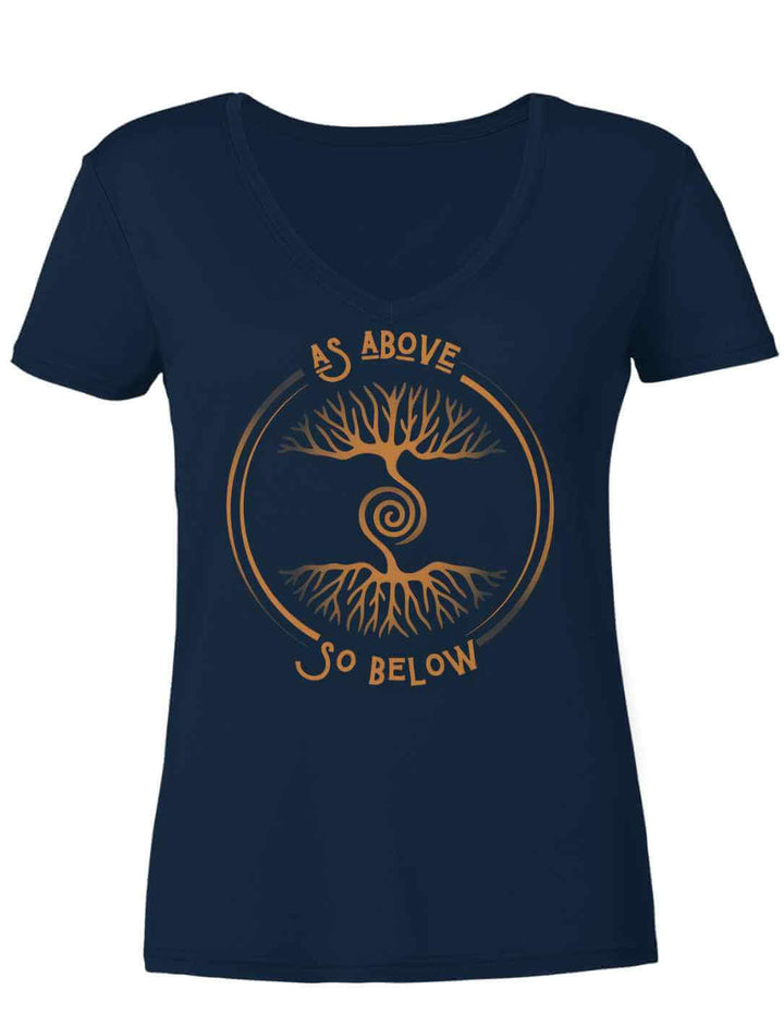 Damen V-Neck Shirt „Lebenswurzel der Verbundenheit“ in Navy-Blau mit Weltenbaum und Spirale