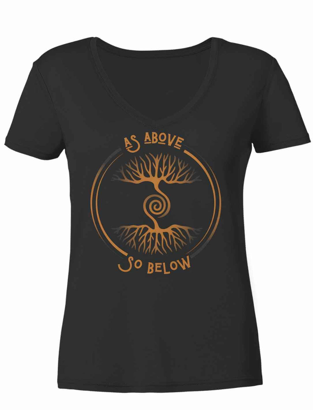 Damen V-Neck Shirt „Lebenswurzel der Verbundenheit“ in Schwarz mit kupferfarbenem Weltenbaum-Motiv