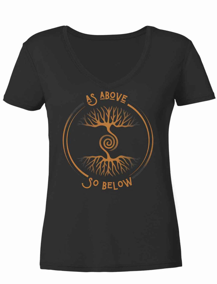 Damen V-Neck Shirt „Lebenswurzel der Verbundenheit“ in Schwarz mit kupferfarbenem Weltenbaum-Motiv