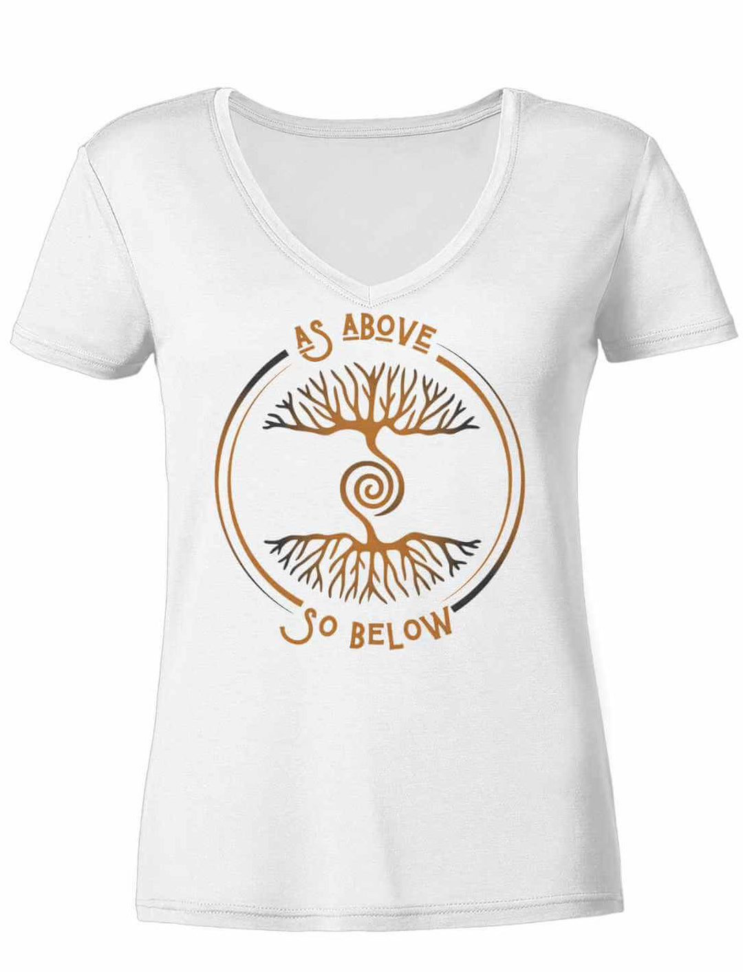 Damen V-Neck Shirt „Lebenswurzel der Verbundenheit“ in Weiß mit kupferfarbenem Weltenbaum-Symbol
