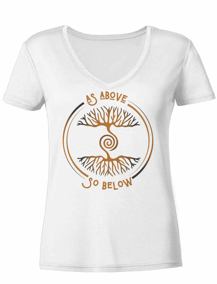 Damen V-Neck Shirt „Lebenswurzel der Verbundenheit“ in Weiß mit kupferfarbenem Weltenbaum-Symbol