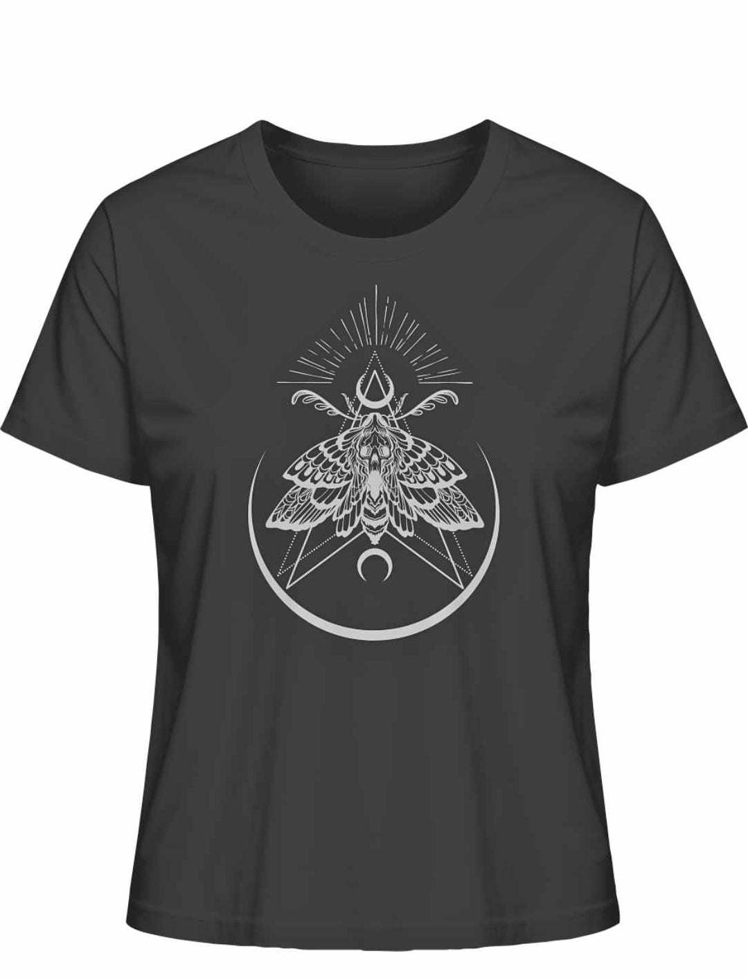 Anthrazitfarbenes “Lichtbringer der Verwandlung” Damen T-Shirt auf weißem Hintergrund, Frontalansicht – Zeitloses Design mit Nachtfalter-Symbolik, das Verwandlung darstellt.