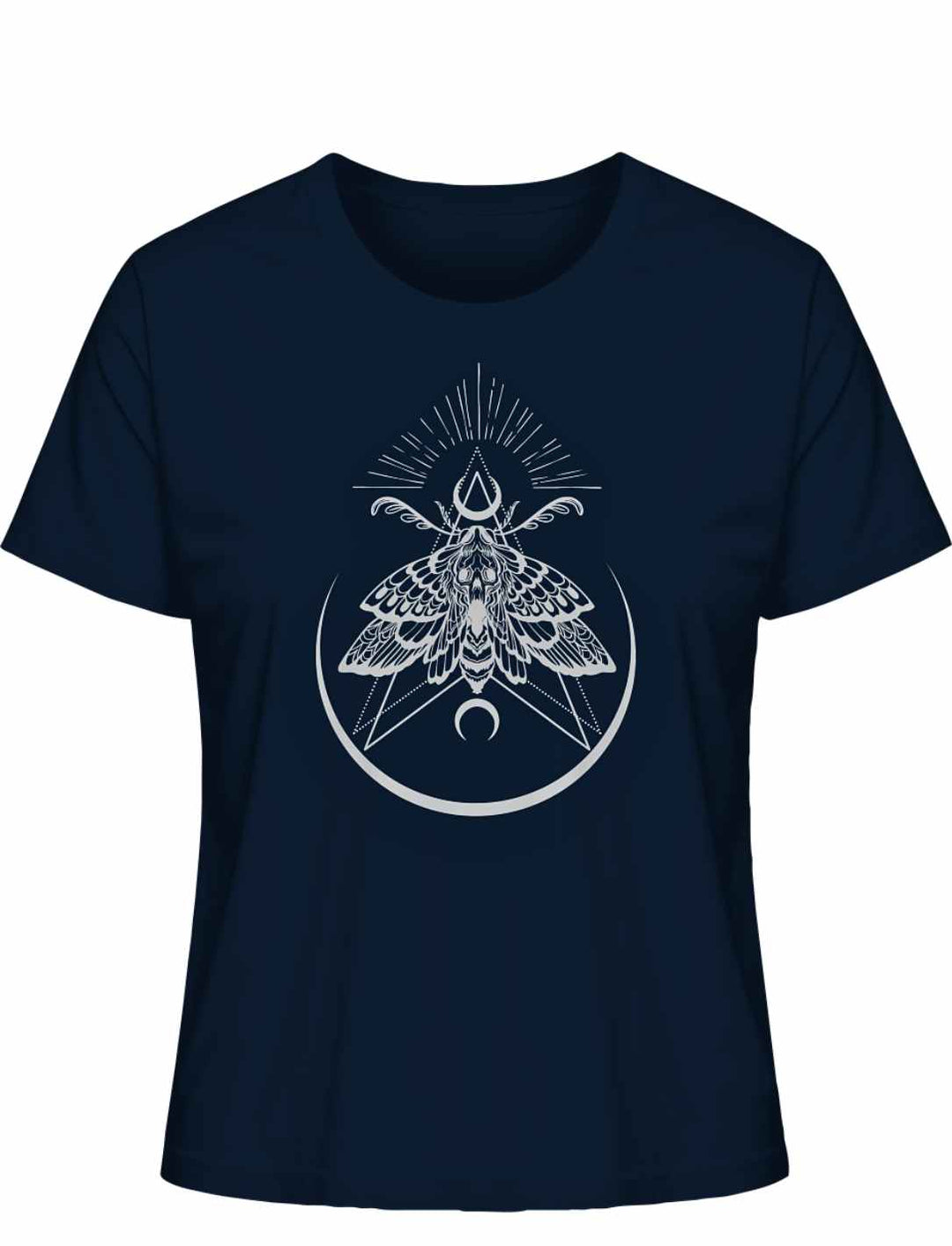  Navyblaues “Lichtbringer der Verwandlung” Damen T-Shirt auf weißem Hintergrund, Frontalansicht – Stilvolles T-Shirt mit mystischer Nachtfalter-Symbolik.