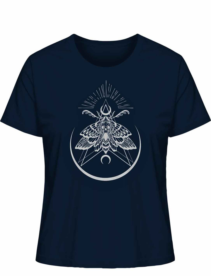  Navyblaues “Lichtbringer der Verwandlung” Damen T-Shirt auf weißem Hintergrund, Frontalansicht – Stilvolles T-Shirt mit mystischer Nachtfalter-Symbolik.