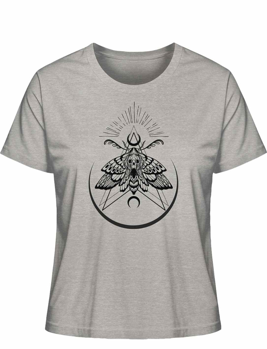 “Lichtbringer der Verwandlung” Damen T-Shirt in Heather Grey auf weißem Hintergrund, Frontalansicht – Stilvolles T-Shirt mit mystischer Nachtfalter-Symbolik.