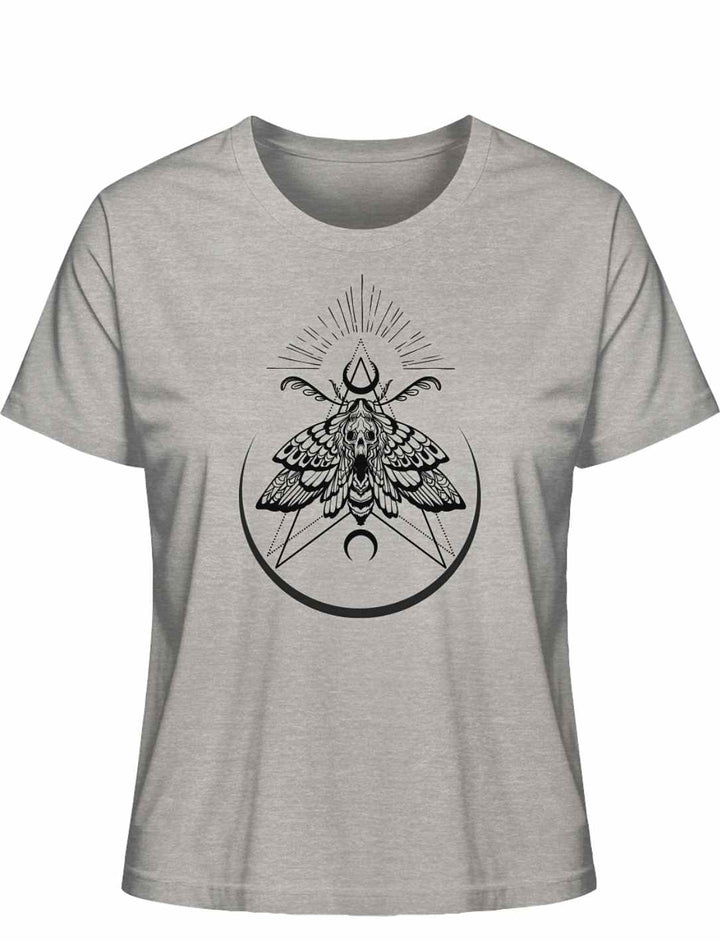 “Lichtbringer der Verwandlung” Damen T-Shirt in Heather Grey auf weißem Hintergrund, Frontalansicht – Stilvolles T-Shirt mit mystischer Nachtfalter-Symbolik.