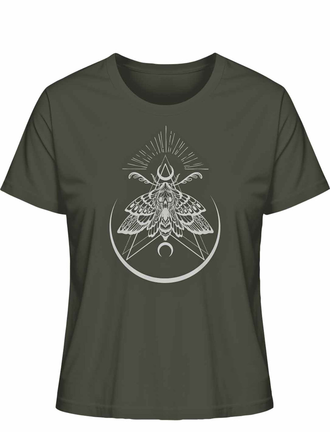 Khakifarbenes “Lichtbringer der Verwandlung” Damen T-Shirt auf weißem Hintergrund, Frontalansicht – Natürliches T-Shirt mit Symbolik der Verwandlung und des Lichts.