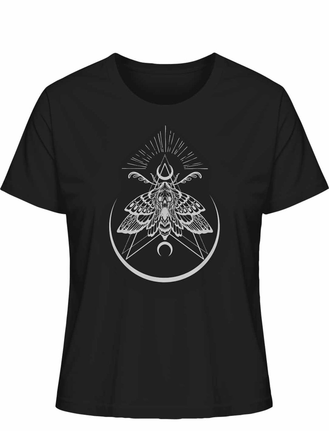 Schwarzes “Lichtbringer der Verwandlung” Damen T-Shirt auf weißem Hintergrund, Frontalansicht – Mystisches Design inspiriert von der Symbolik des Nachtfalters.