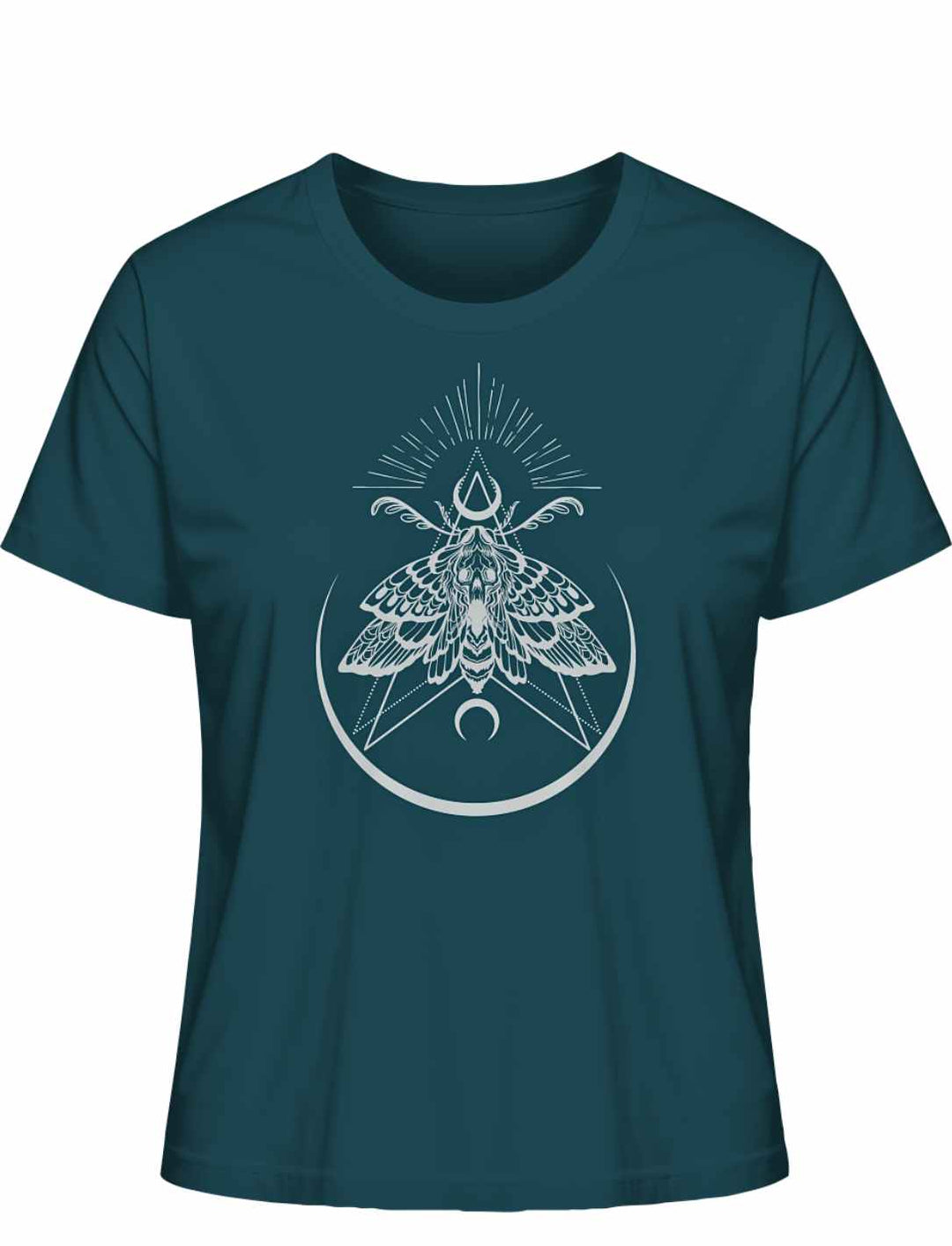 Stargazerblaues “Lichtbringer der Verwandlung” Damen T-Shirt auf weißem Hintergrund, Frontalansicht – Geheimnisvolle Nachtfalter-Symbolik auf tiefblauem Hintergrund.