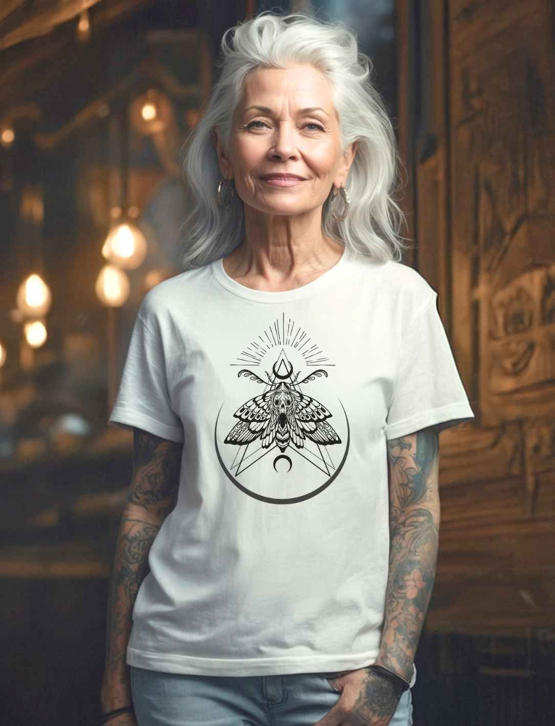 Ältere Frau mit grauem Haar trägt das “Lichtbringer der Verwandlung” Damen T-Shirt in Weiss – Mystisches Design mit Nachtfalter-Symbolik, fotografiert in einem warmen, gemütlichen Innenraum.