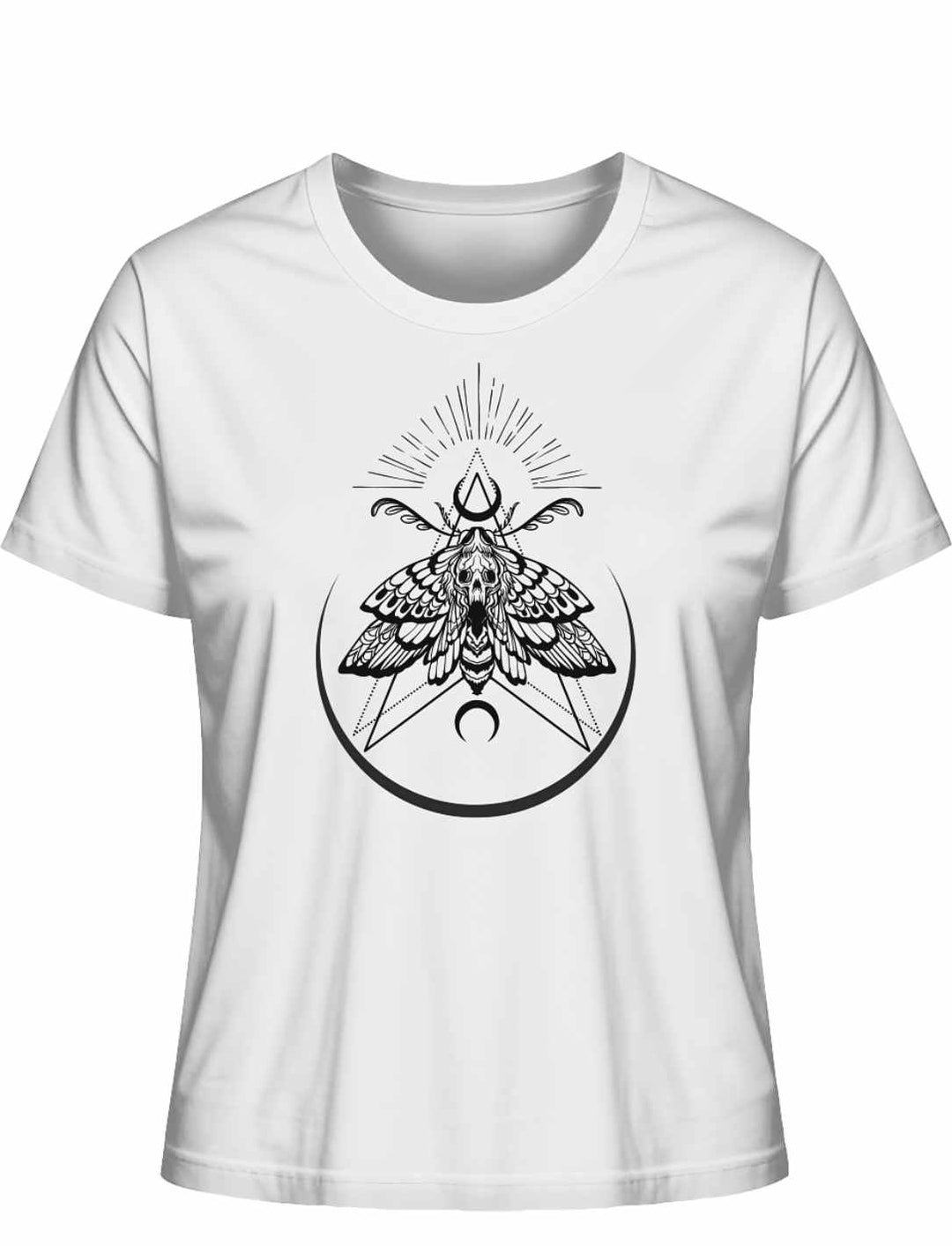 Weisses “Lichtbringer der Verwandlung” Damen T-Shirt auf weißem Hintergrund, Frontalansicht – Elegantes T-Shirt mit Nachtfalter-Symbolik, inspiriert von der Verwandlung.