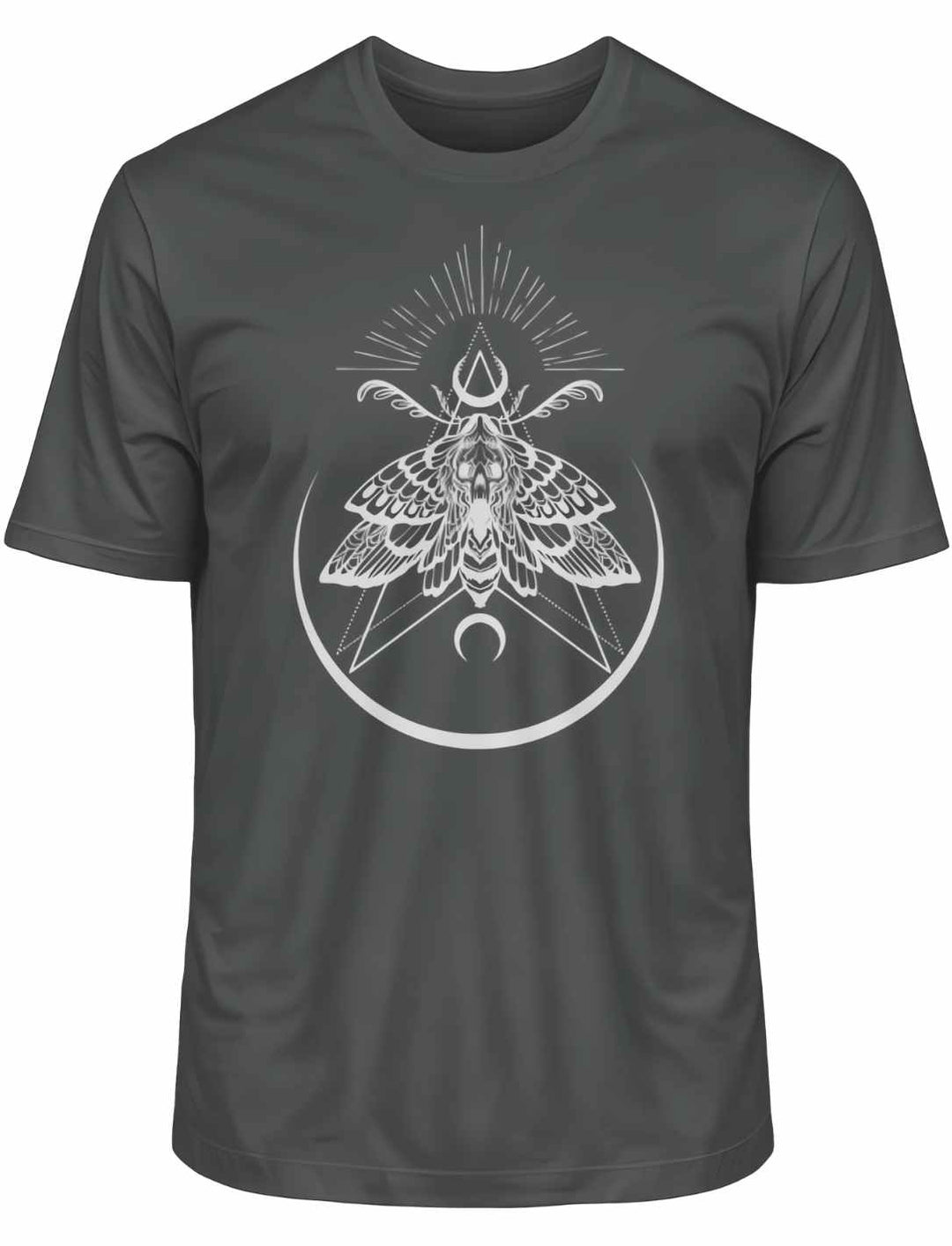 Anthrazitfarbenes T-Shirt 'Lichtbringer der Verwandlung' mit symbolischem Nachtfalter, liegend auf weißer Oberfläche.