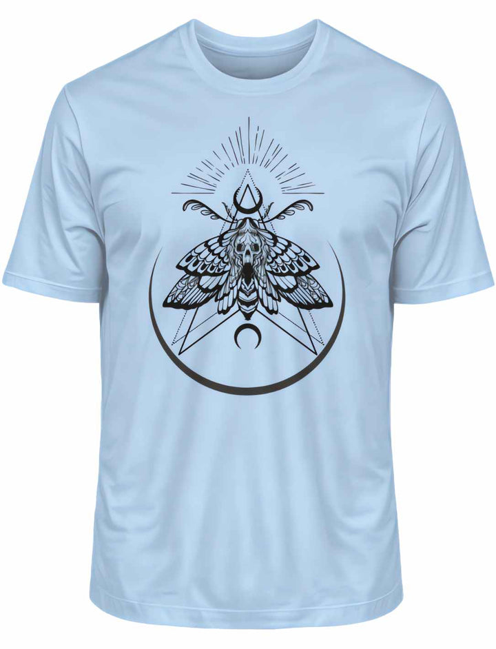 Blue Soul T-Shirt 'Lichtbringer der Verwandlung' mit inspirierendem Nachtfalter-Druck, liegend auf weißer Unterlage.