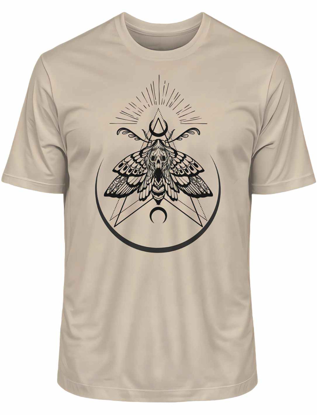 Desert Dust T-Shirt 'Lichtbringer der Verwandlung' mit künstlerischem Nachtfalter-Design, liegend auf weißem Hintergrund