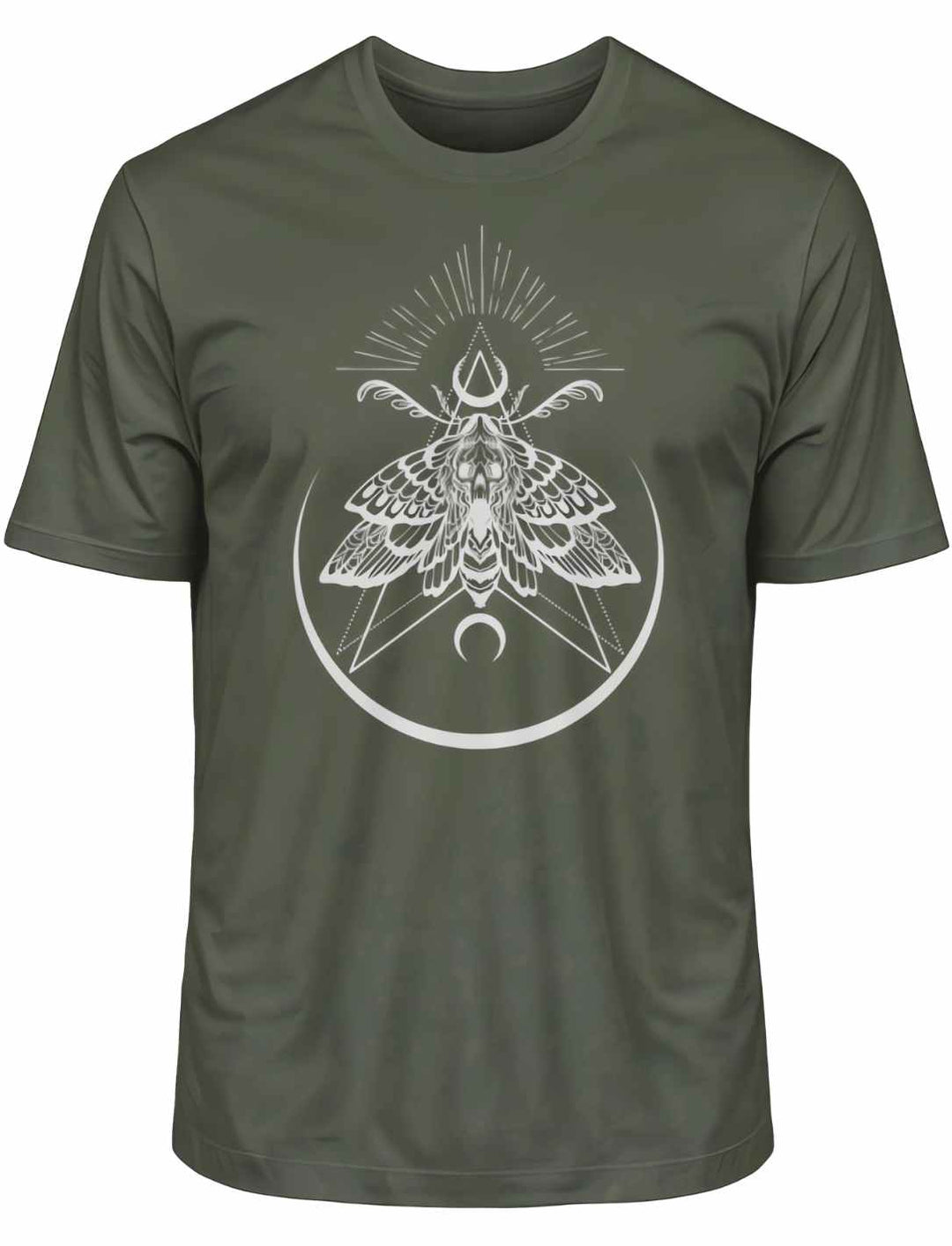 Khaki T-Shirt 'Lichtbringer der Verwandlung' mit Nachtfalter-Print, ausgestellt liegend auf weißem Hintergrund