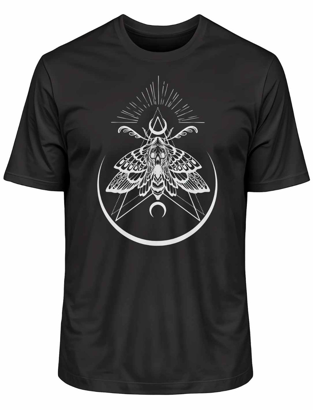 Schwarzes T-Shirt 'Lichtbringer der Verwandlung' mit Nachtfalter-Motiv, liegend auf weißem Hintergrund