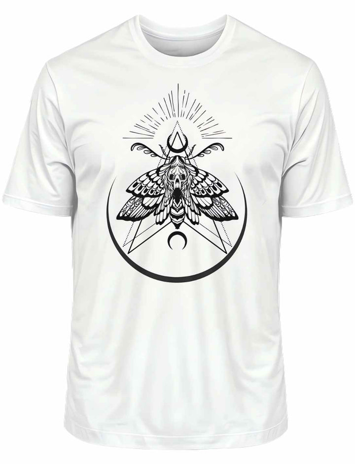 Weißes T-Shirt 'Lichtbringer der Verwandlung' mit Nachtfalter-Design, präsentiert liegend auf weißem Hintergrund