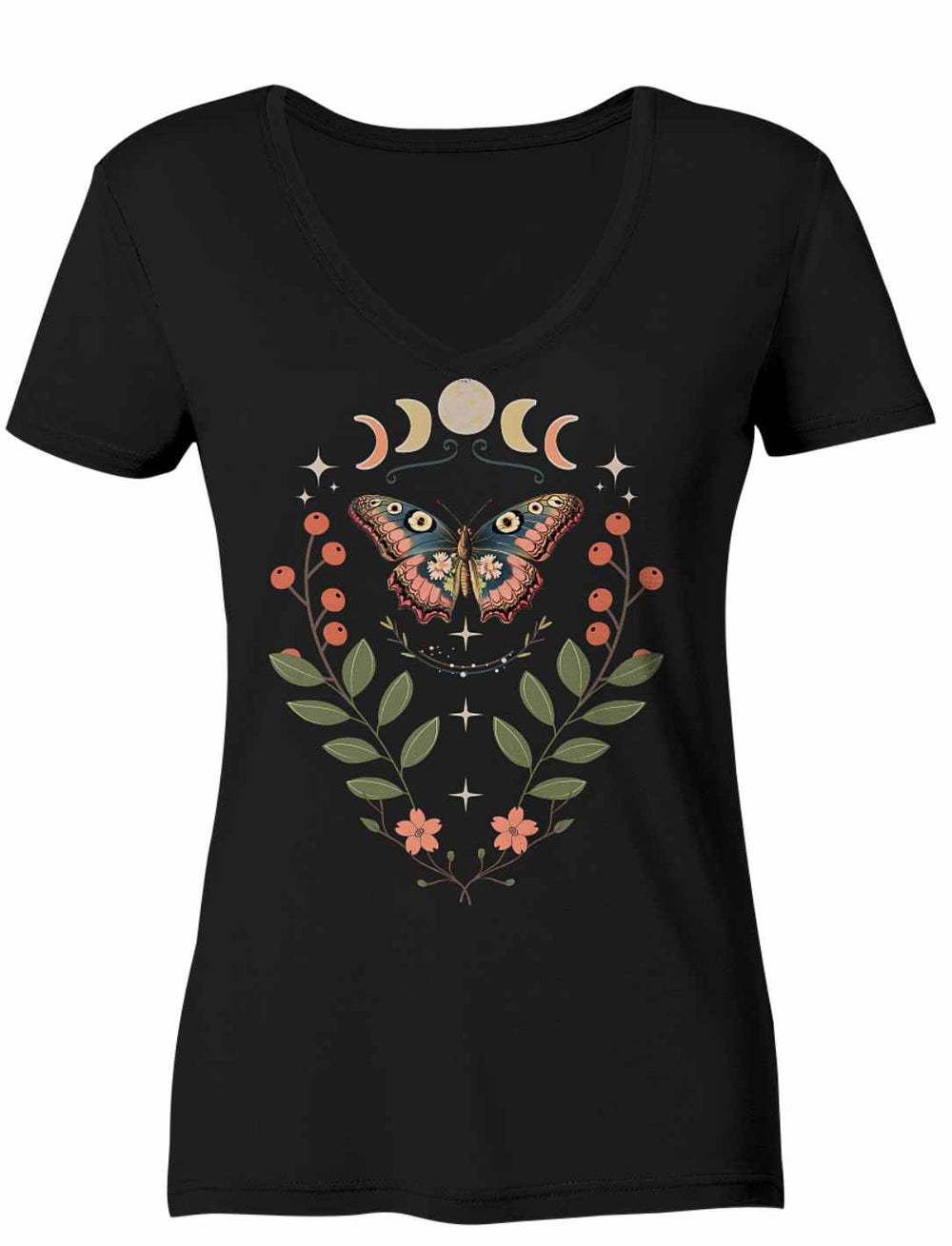Lunaflora V-Neck Shirt im schwawrz mit floraler Symbolik – inspiriert von Natur, Mond & Wandel