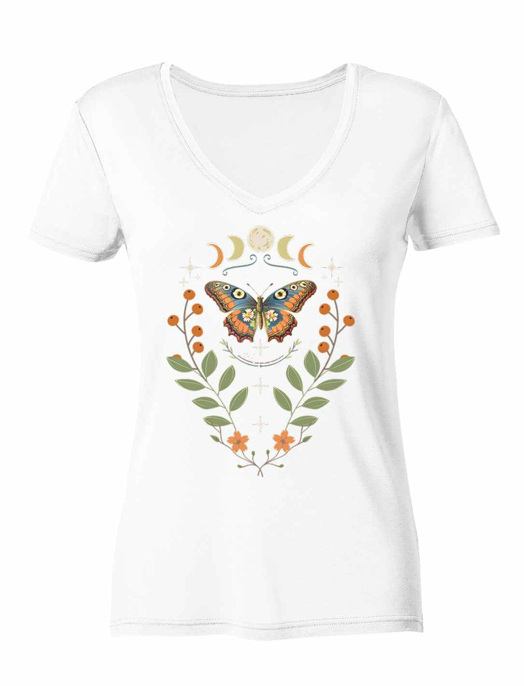 Lunaflora Damen V-Neck Shirt in weiß – mystisches Design mit Mondphasen & Schmetterling