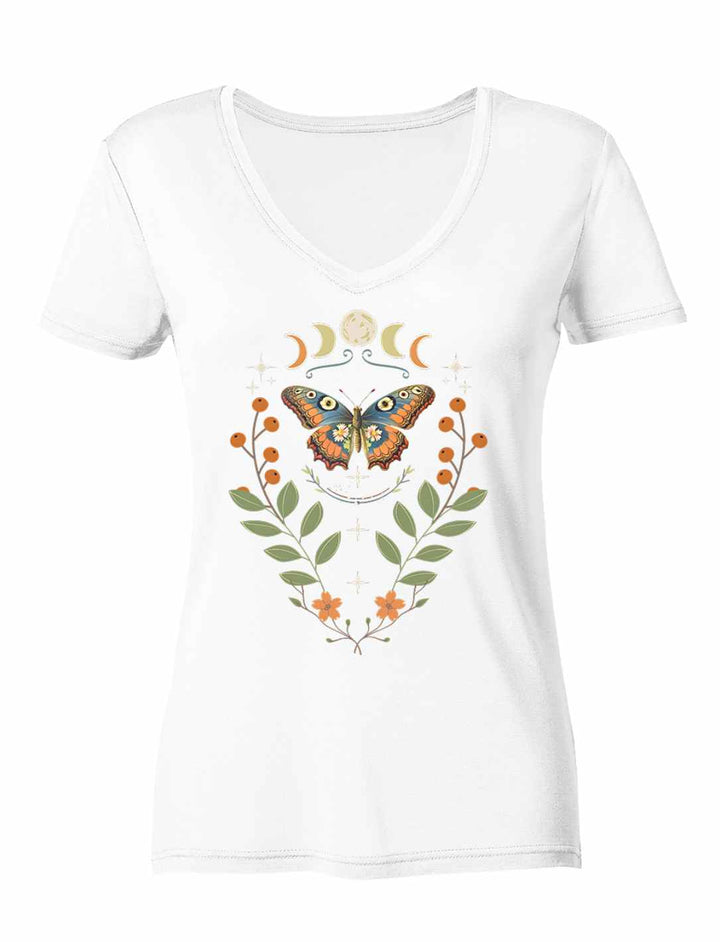 Lunaflora Damen V-Neck Shirt in weiß – mystisches Design mit Mondphasen & Schmetterling