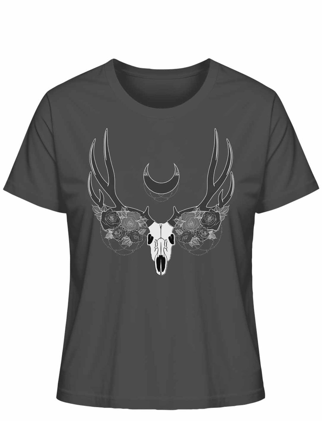 Anthrazitfarbenes Lunas Mondgeweih Damen-T-Shirt flach auf einem weißen Hintergrund präsentiert, mit einem auffälligen Geweih- und Schädelmotiv und einer Mondsichel als zentralem Element.