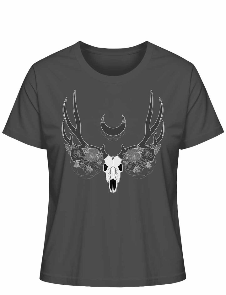 Anthrazitfarbenes Lunas Mondgeweih Damen-T-Shirt flach auf einem weißen Hintergrund präsentiert, mit einem auffälligen Geweih- und Schädelmotiv und einer Mondsichel als zentralem Element.