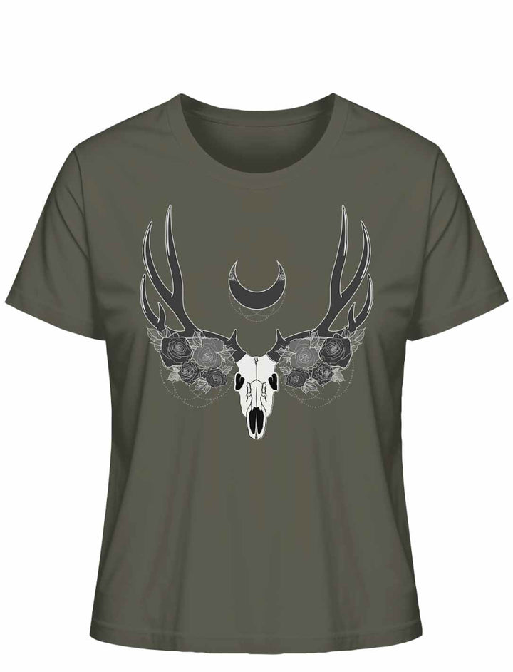 Khaki farbenes Lunas Mondgeweih Damen-T-Shirt flach auf einem weißen Hintergrund präsentiert, mit einem auffälligen Geweih- und Schädelmotiv und einer Mondsichel als zentralem Element.